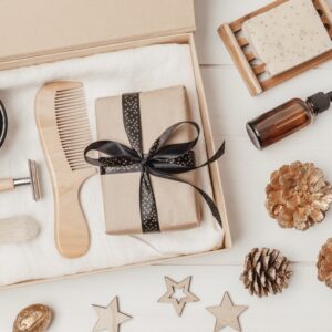 Self care package, seasonal gift box with zero waste organic cosmetics products for men